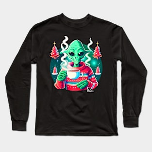 Christmas Funny Alien Drinking Coffee Wearing Sweater Long Sleeve T-Shirt